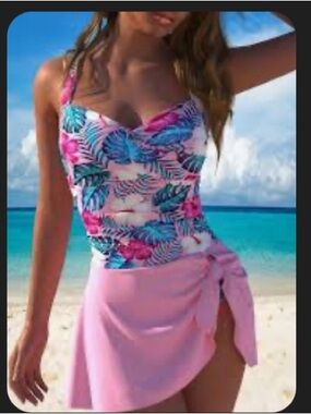 🆕 Women’s ' Pink Tropical One-Piece Swimsuit with Skirt